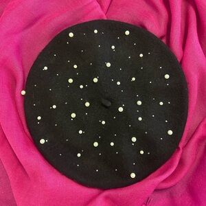 INC International Concepts Black Beret with Pearl Details
